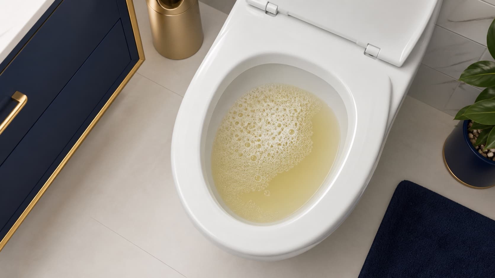Clean educational illustration of pale yellow urine with a layer of fine bubbles in a white toilet bowl