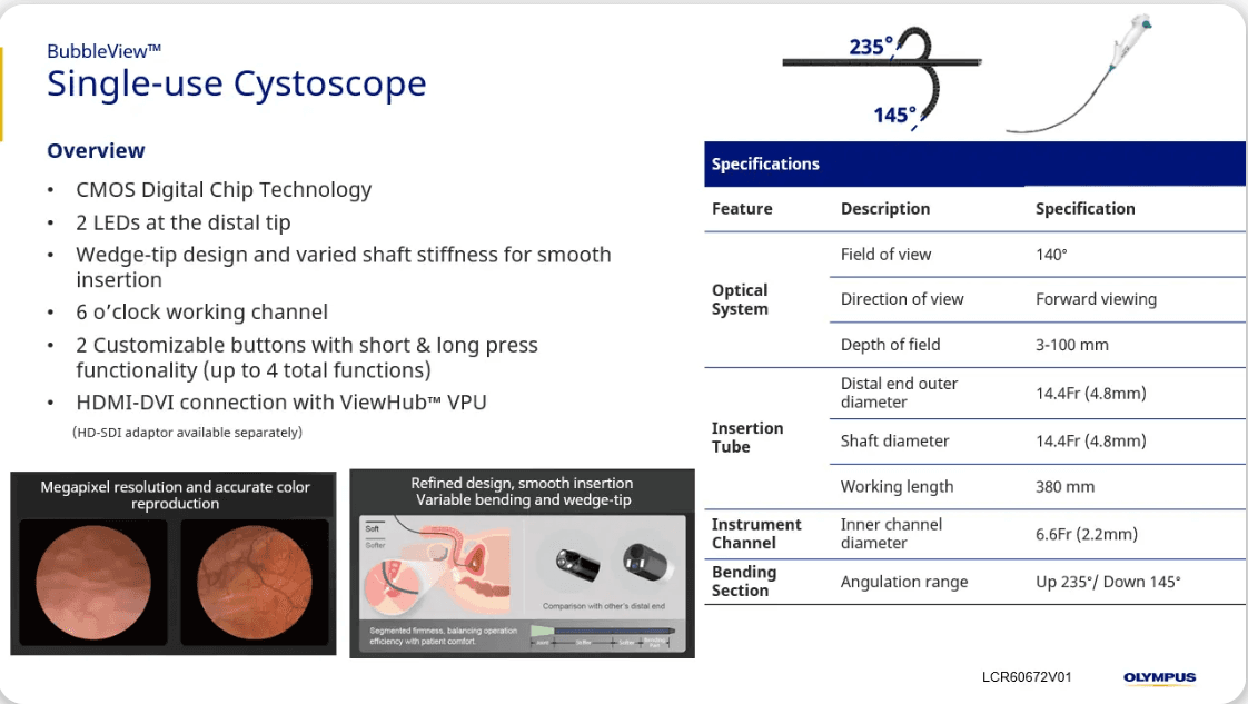 Single-use flexible cystoscope product overview showing scope shape and specifications